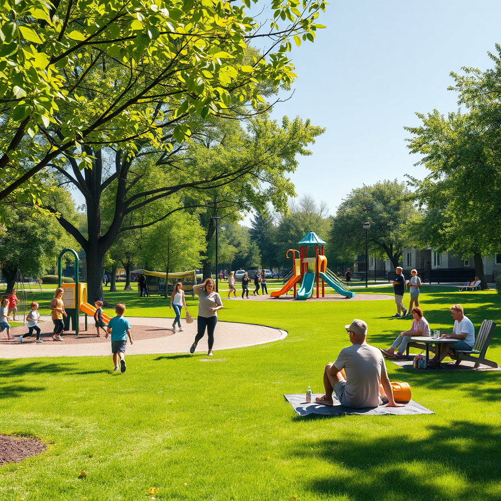 Create a vibrant, photorealistic image of a neighborhood park filled with activity. Children are playing on swings and slides, adults are exercising on walking trails, and families are enjoying picnics on the lawn. The lighting is bright and sunny, highlighting the lush greenery and colorful playground equipment. Style reference: A dynamic and energetic photograph capturing the joy of outdoor recreation. Technical specs: 4K, high quality.