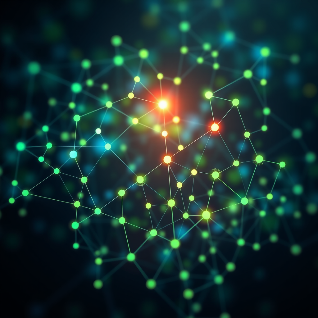 Create a visually stunning image of a network graph with interconnected nodes representing members and resources within The Columbia Alliance. Use a color palette of deep blues and vibrant greens to signify growth and connection. Highlight key nodes with a soft, glowing effect. The image should be abstract yet informative, showcasing the interconnectedness of the alliance. Render in 4K resolution.