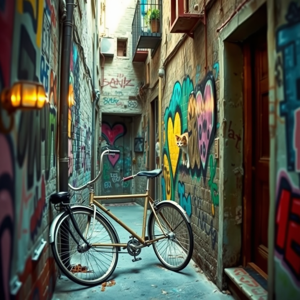 Create a whimsical image featuring a hidden alleyway filled with colorful street art. The alleyway should be narrow and winding, with unexpected details at every turn. Include elements that suggest a sense of discovery, such as a vintage bicycle leaning against a wall or a cat peering out from a doorway. The lighting should be soft and diffused, with a touch of mystery. The style should be slightly stylized, with a focus on bright colors and playful compositions. Consider referencing the style of urban art photography. Aim for a high-quality image with a wide-angle lens to capture the full scope of the alleyway.