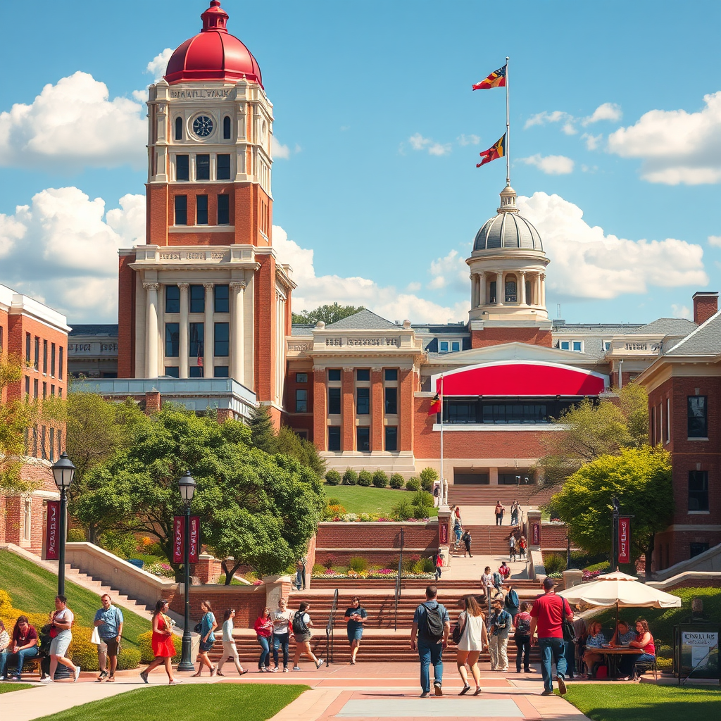 Create an image focusing on the University of Maryland campus in College Park. Showcase iconic buildings like McKeldin Library or the Maryland Stadium. Include students walking around and studying to capture the academic atmosphere. Use a bright, sunny day to convey a sense of energy and optimism. The color palette should incorporate the university's colors: red, white, and gold.