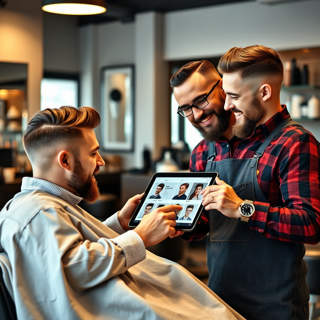 Create an image of a barber in a friendly consultation with a client, discussing hairstyle options while looking at style references on a tablet. The atmosphere should be relaxed and collaborative. The background should be a modern barbershop setting. The style should convey approachability and personalized service.