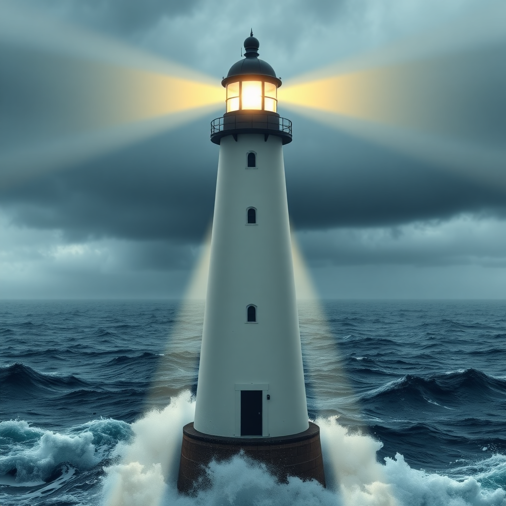 Create an image of a lighthouse beaming brightly, representing a brand's increased visibility. The style should be powerful and iconic. The lighting should emphasize the beam of light and its reach. The background should be a stormy sea, highlighting the lighthouse's guidance.