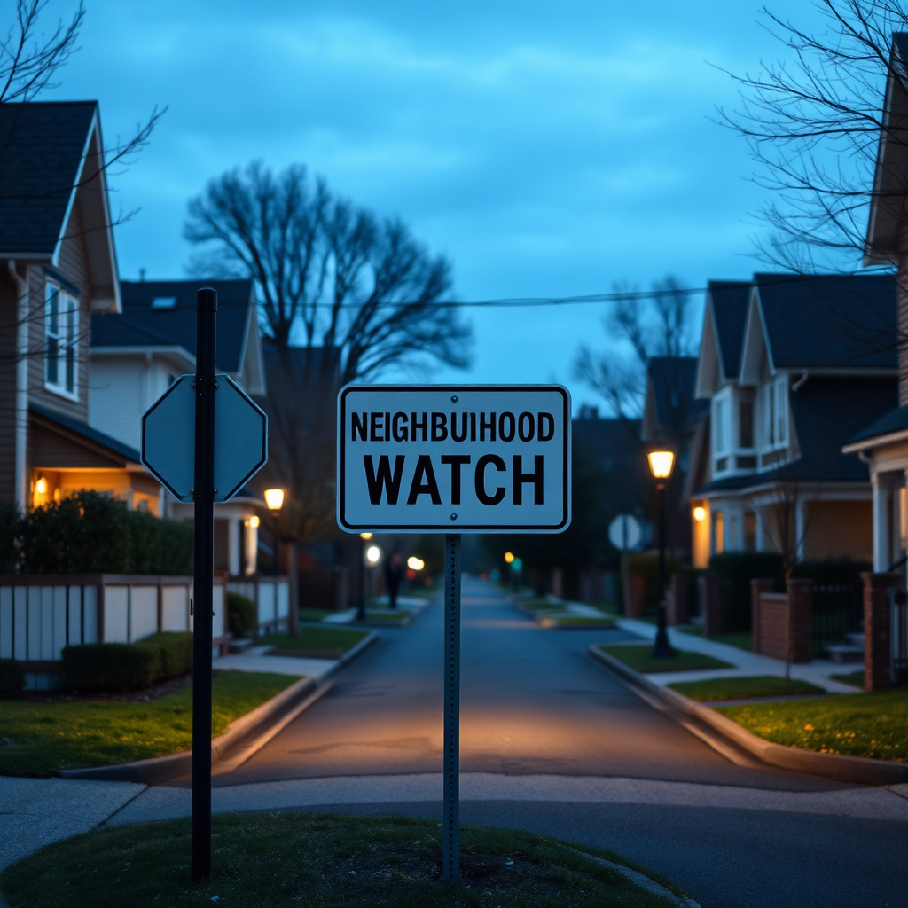 Create an image of a neighborhood watch sign at the entrance to a residential area. Include well-lit streets and a sense of community vigilance. Depict safe, friendly environment.