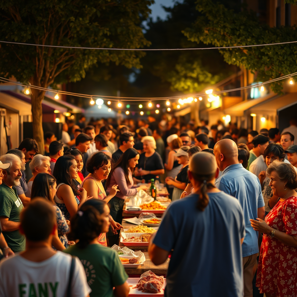 Create an image of a vibrant community block party. Include elements such as music, food, and games. Show diverse people of all ages interacting and enjoying themselves. The lighting should be warm and inviting.