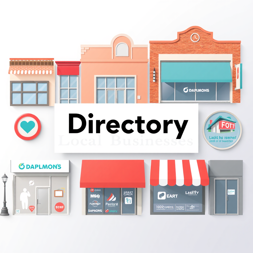 Create an image representing a directory of local businesses. Showcase a collection of storefronts and business logos in a visually appealing arrangement. Use a clean and modern design to convey professionalism and trustworthiness. The color palette should be inviting and accessible.
