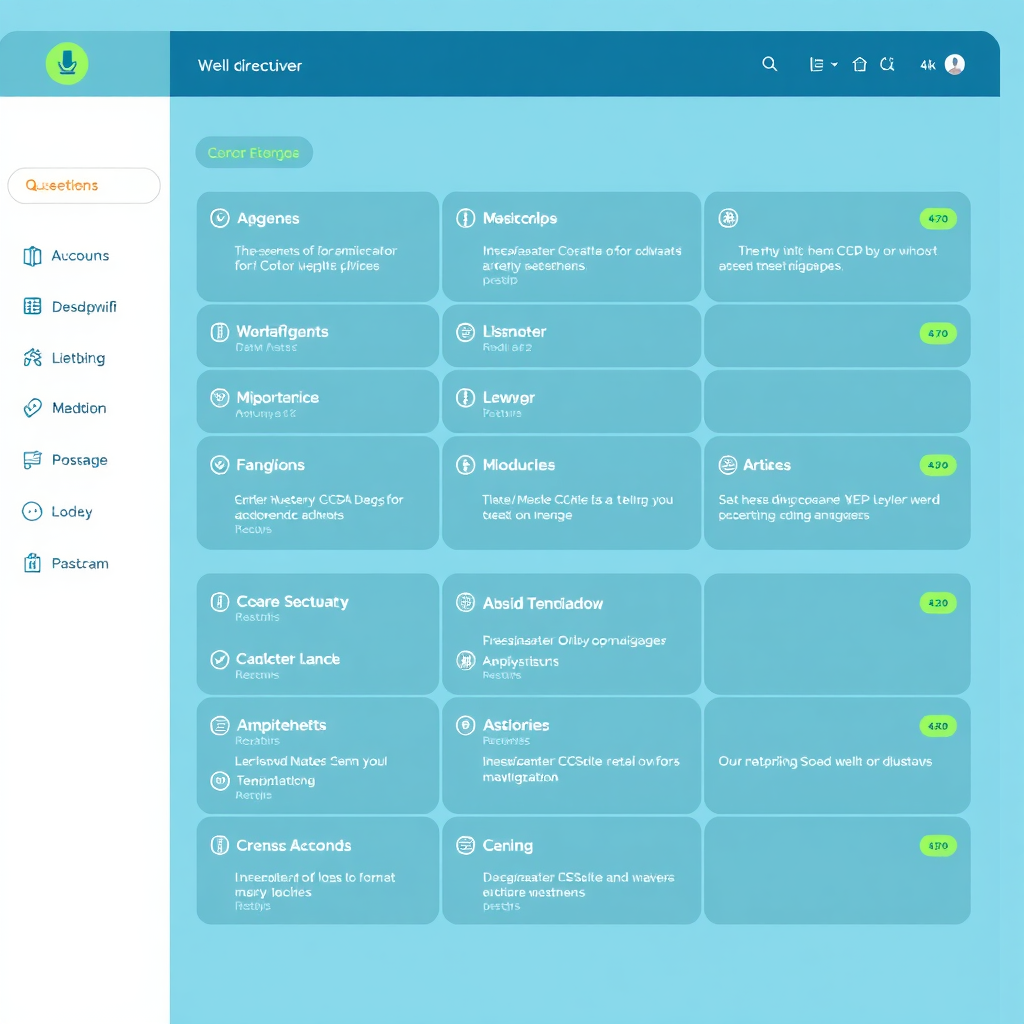 Create an image representing a well-organized and easily navigable directory. Use a clean and modern design with clearly labeled sections. The visual should evoke a sense of accessibility and efficiency. Use calming blue and green tones with highlights on key navigational elements. Render in 4K.