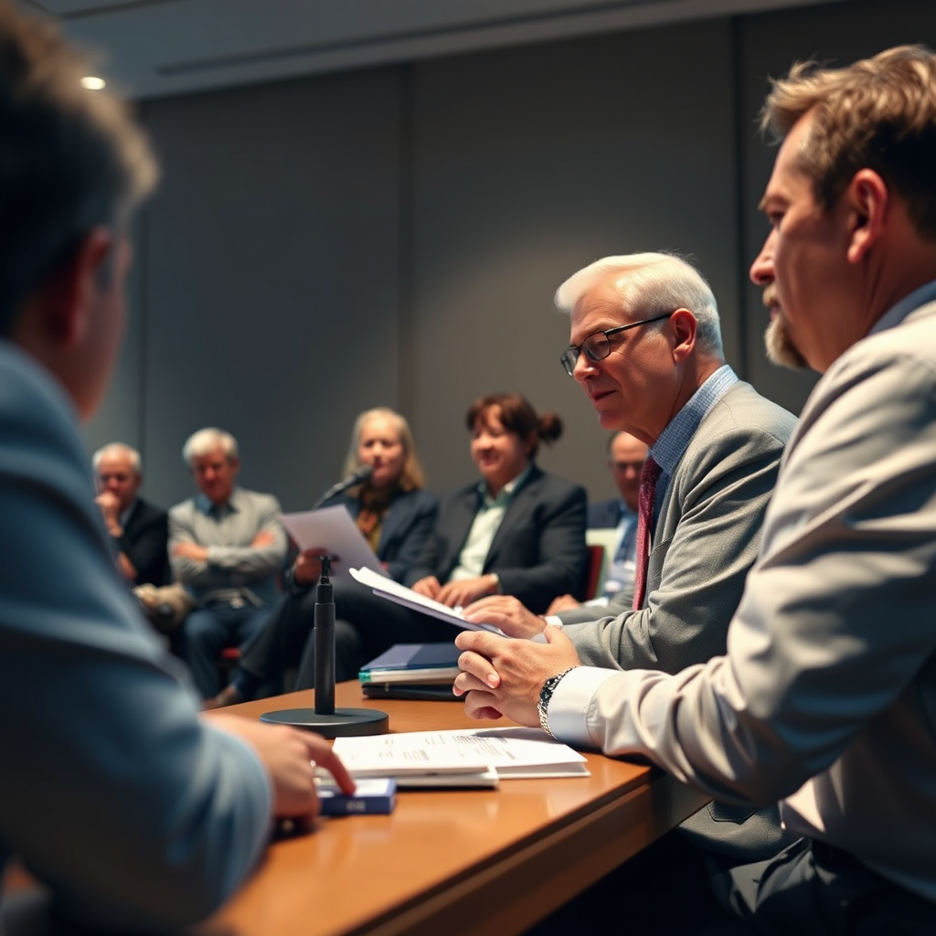 Create an image representing the Arlington Alliance advocating for the community at a town hall meeting or a neighborhood council meeting. Show members of the Alliance presenting their case, listening to residents, and working towards positive change. The lighting should be professional and respectful, highlighting the seriousness of the discussion and the dedication of the participants. Include subtle details like documents, microphones, and attentive listeners. The camera angle should be slightly low to emphasize the importance of the meeting. The color palette should be neutral and professional, with a focus on blues, grays, and greens. Render in 4K resolution with high-quality detail to capture the Alliance's commitment to community advocacy.