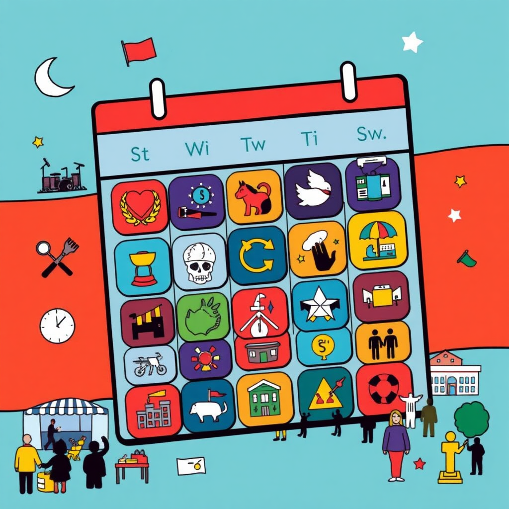 Create an image showcasing a calendar filled with various event icons, such as concerts, festivals, and local gatherings. Use a vibrant color palette to represent the diversity of events. The overall image should convey a sense of excitement and community engagement.