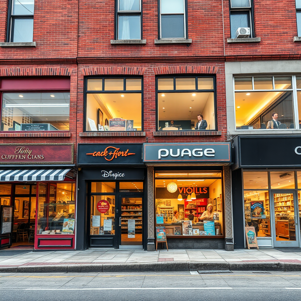 Create an image showcasing a diverse collection of storefronts, each representing a different type of local business. The storefronts should be brightly lit and inviting, with a focus on the unique offerings of each business. Use a wide-angle lens to capture the full scope of the street scene. The style should be photorealistic, with a focus on capturing the vibrancy and diversity of the local business community. Aim for a high-quality image with a dynamic composition.