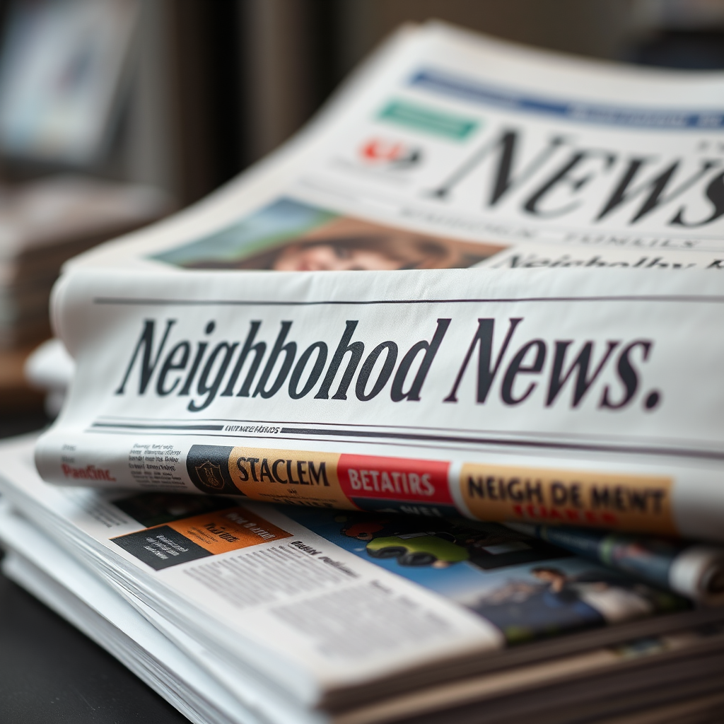 Create an image showcasing a stack of newspapers with the headline "Neighborhood News". Focus on the details of the newspaper, such as the headlines, the images, and the overall design. Use a shallow depth of field to draw the viewer's eye to the headline. The style should be photorealistic, with a focus on capturing the authenticity of the scene. Aim for a high-quality image with a clean and simple composition.