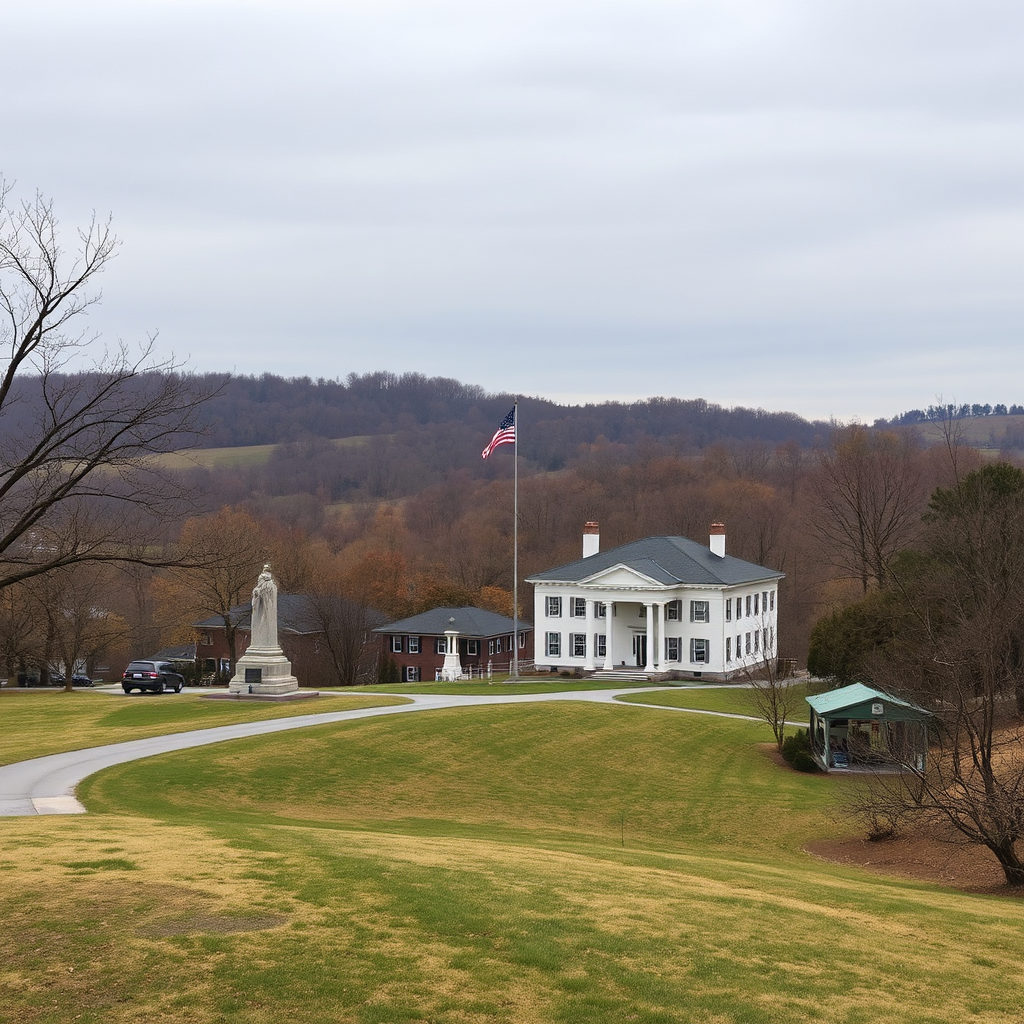 Create an image showcasing the historical aspects of Hagerstown, possibly incorporating a monument or a preserved building from the Civil War era. Include elements of the surrounding natural landscapes, such as rolling hills or a nearby forest. Use muted colors to evoke a sense of history and reflection. The lighting should be soft and even, creating a contemplative mood.
