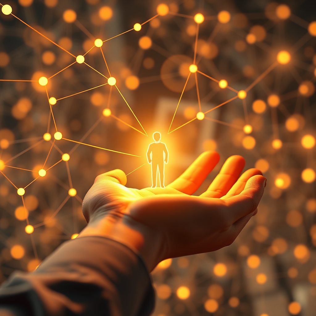 Create an image showing a helping hand guiding an individual through a complex network. Use a warm, comforting color palette to convey trust and support. The guiding hand should be glowing softly. Render in 4K resolution.