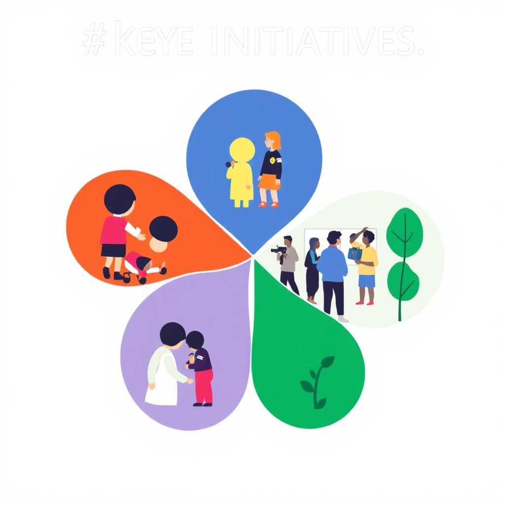 Create an image showing four interconnected icons, each representing a key initiative. One icon depicts a police officer engaging with children, representing neighborhood safety. Another depicts a group of people celebrating at a street fair, representing community events. A third shows a shopper supporting a local business, and the fourth represents a green energy initiative. The style should be clean, modern, and easily recognizable. The color palette should be bright and harmonious.