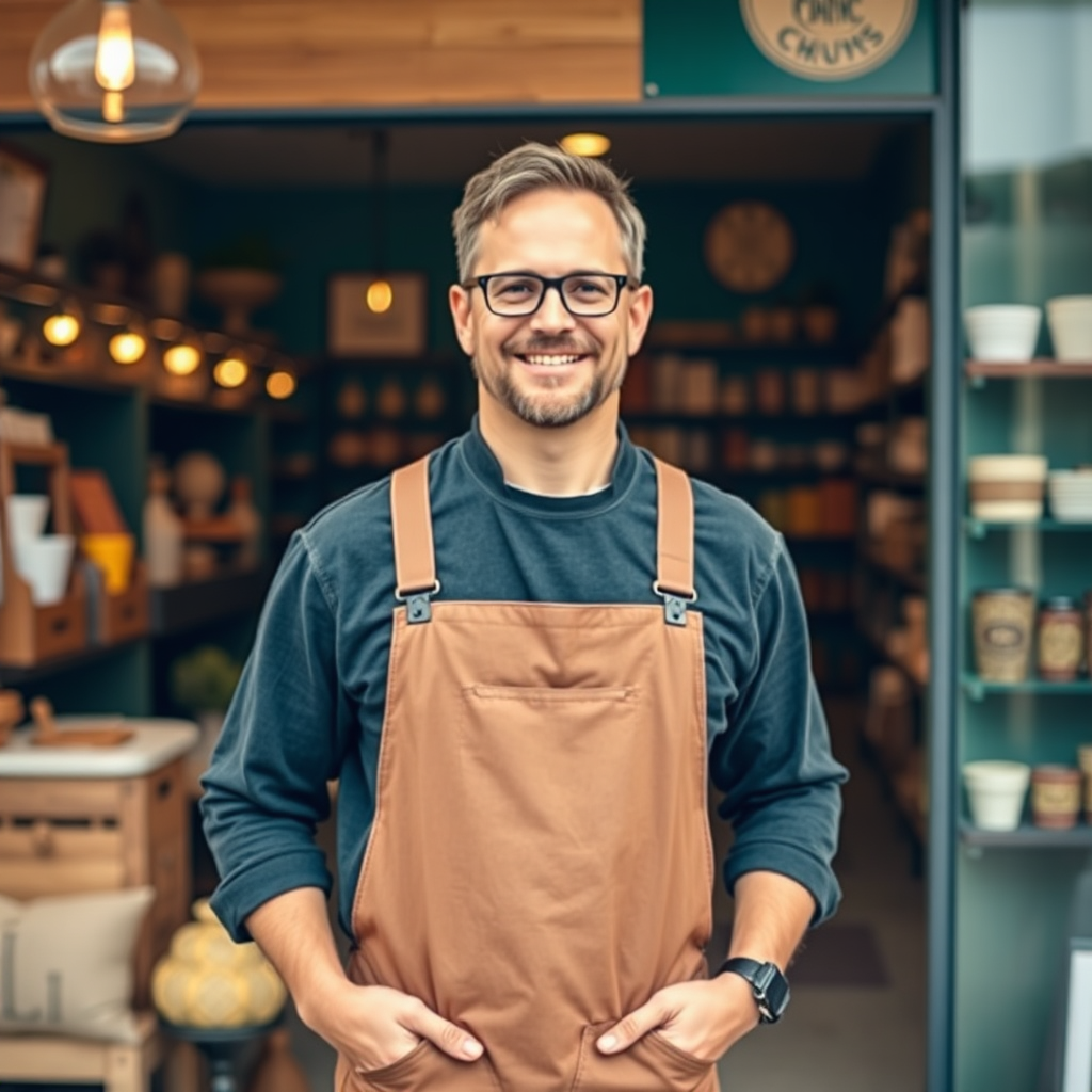 Create an inviting image of a local business owner standing proudly in front of their shop. Focus on their friendly demeanor and the unique character of their business. The background should showcase the shop's interior, with carefully curated products and a welcoming atmosphere. Use warm, inviting lighting to highlight the owner's passion and the quality of their offerings. The overall feeling should be one of appreciation for local entrepreneurship and community support.