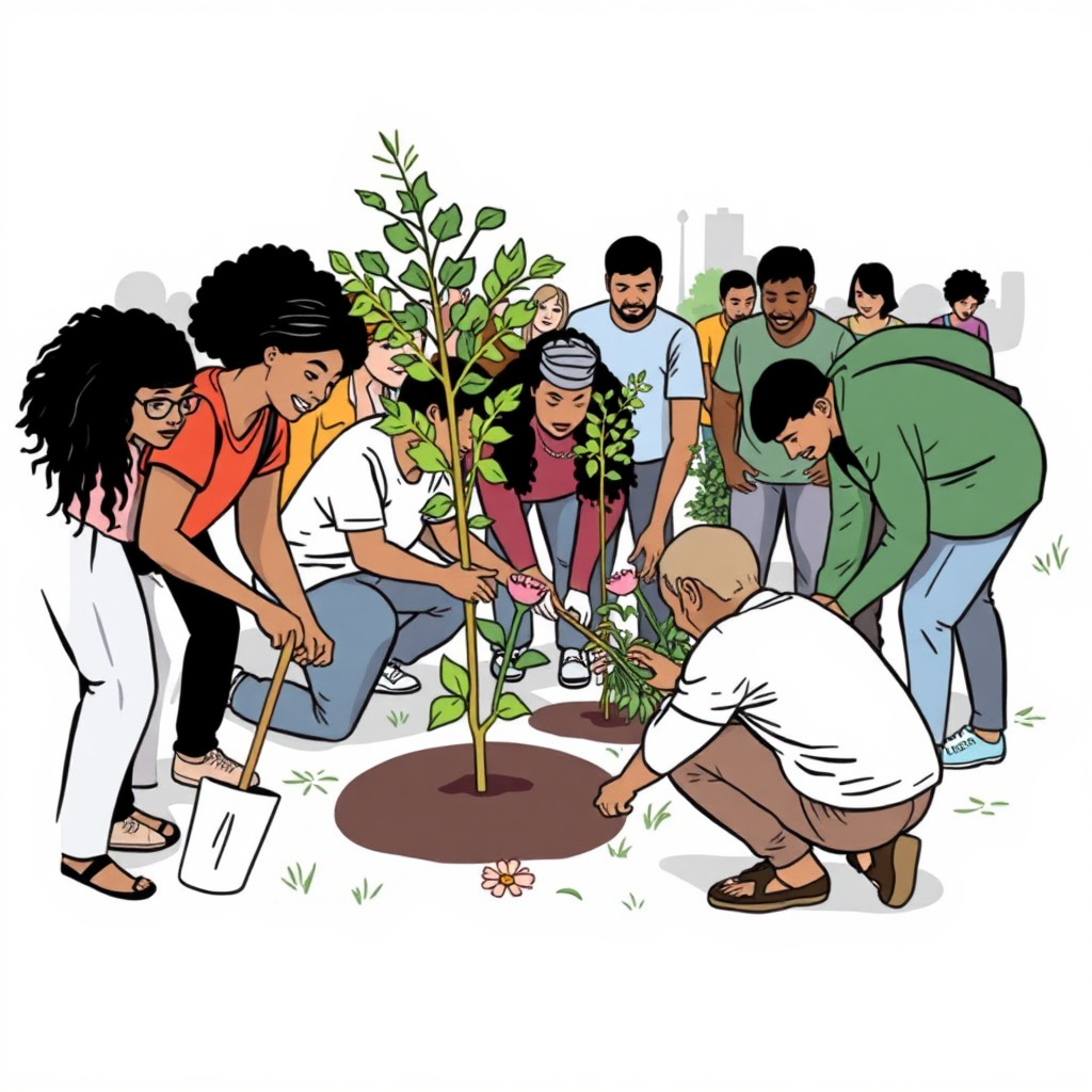 Depict a diverse group of people participating in a community cleanup event, planting trees and flowers. The overall tone should be energetic and collaborative. The image should convey the spirit of working together to improve the neighborhood.