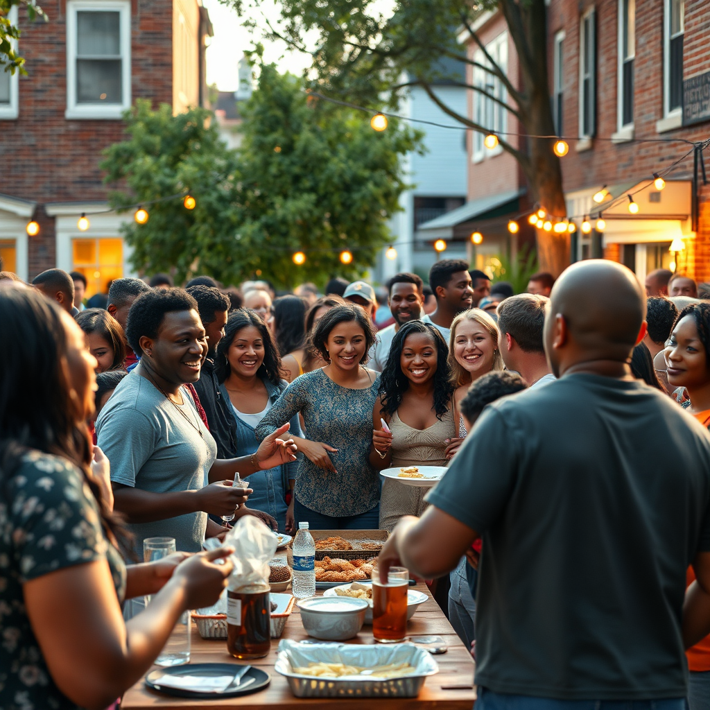 Depict a diverse group of people participating in a neighborhood block party. There's music, food, games, and general merriment. The scene is brightly lit and full of energy, showcasing the spirit of community. Capture candid moments of laughter and connection. Photorealistic style, 4k resolution.
