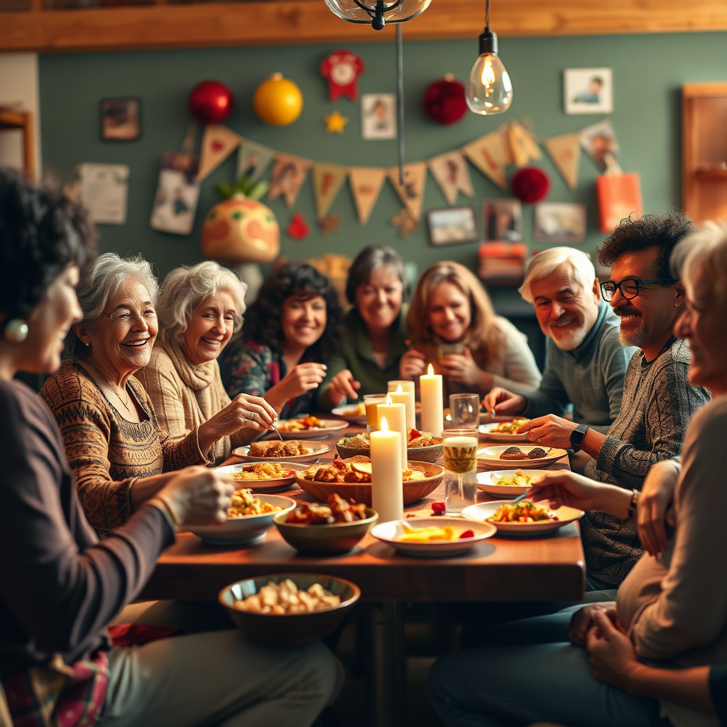 Depict a group of diverse neighbors enjoying a potluck dinner in a community center. Focus on the shared food, laughter, and conversation. The background should feature decorations and a warm, inviting atmosphere. Use warm lighting to highlight the sense of community and belonging. The overall feeling should be one of friendship, inclusivity, and shared experiences.