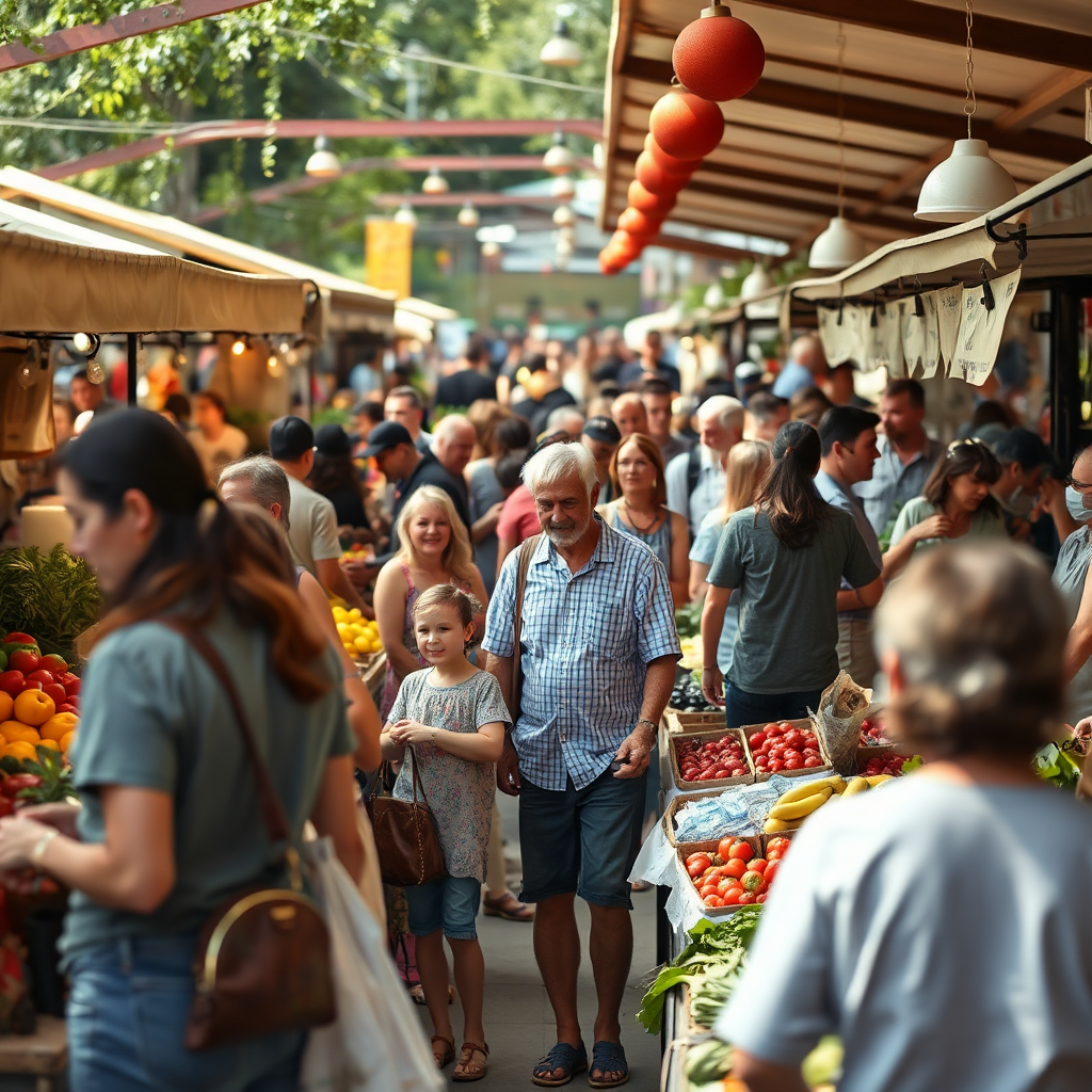 Depict a lively farmer's market scene with people of all ages browsing the stalls. Focus on the vibrant colors of the fresh produce, the friendly interactions between vendors and customers, and the overall sense of community. Use natural lighting to create a warm and inviting atmosphere. Include elements that suggest a celebration, such as live music or food demonstrations. The style should be photorealistic, with a focus on capturing the energy and excitement of the event. Aim for a high-quality image with a dynamic composition. Consider referencing documentary photography styles.