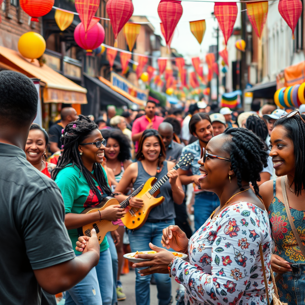 Depict a lively scene from a neighborhood street festival, showcasing diverse community members enjoying music, food, and entertainment. Focus on the energy and excitement of the event, with smiling faces, colorful decorations, and dynamic performances. The composition should be dynamic and engaging, capturing the spirit of the celebration. Use bright, vibrant colors to enhance the festive atmosphere. Camera angle: slightly elevated, providing a wide view of the event. The overall feeling should be one of unity, joy, and community pride.