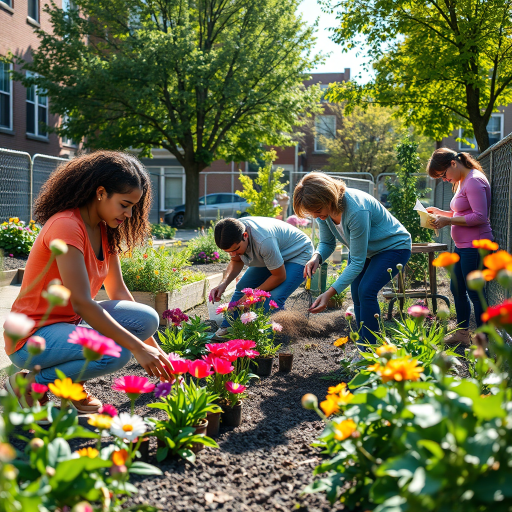 Generate an image showing residents planting flowers and cleaning up a community garden in Collington Square. The composition should showcase the transformation of a neglected space into a vibrant, welcoming area. The lighting should be bright and optimistic, highlighting the beauty of nature and the positive impact of community involvement.
