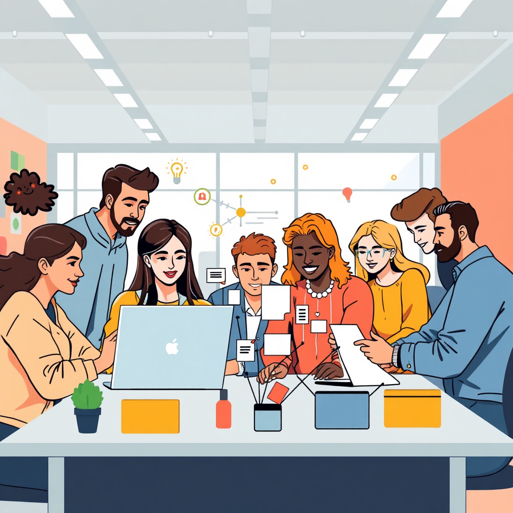 Illustrate a diverse group of people working together on a shared project. The image should convey a sense of teamwork and innovation. Use a vibrant, energetic color palette to signify collaboration. The setting should be a modern, open workspace. Render in 4K resolution.