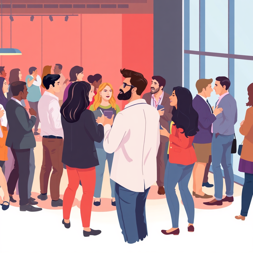 Illustrate a lively networking event with diverse individuals engaging in conversation. Use a warm and inviting color palette to convey energy and connection. The setting should be a modern and stylish venue. Focus on capturing the interactions and positive atmosphere. Render in 4K.