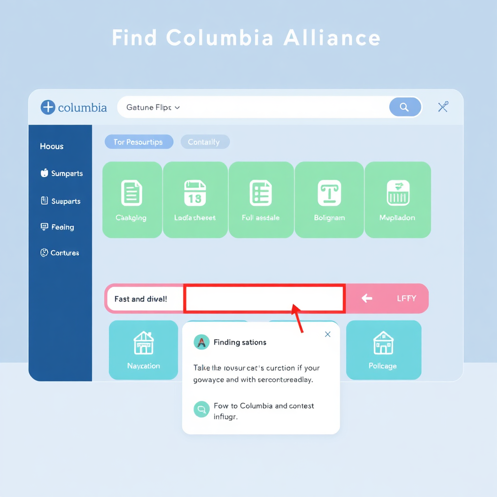 Illustrate a user-friendly interface with clear navigation and search functionalities within The Columbia Alliance directory. The visual should feature a modern design with intuitive icons and search bars. Use a color palette of calming blues and greens to enhance the user experience. Highlight the ease of finding specific resources with visual cues like arrows and pop-up descriptions. Render in 4K resolution.