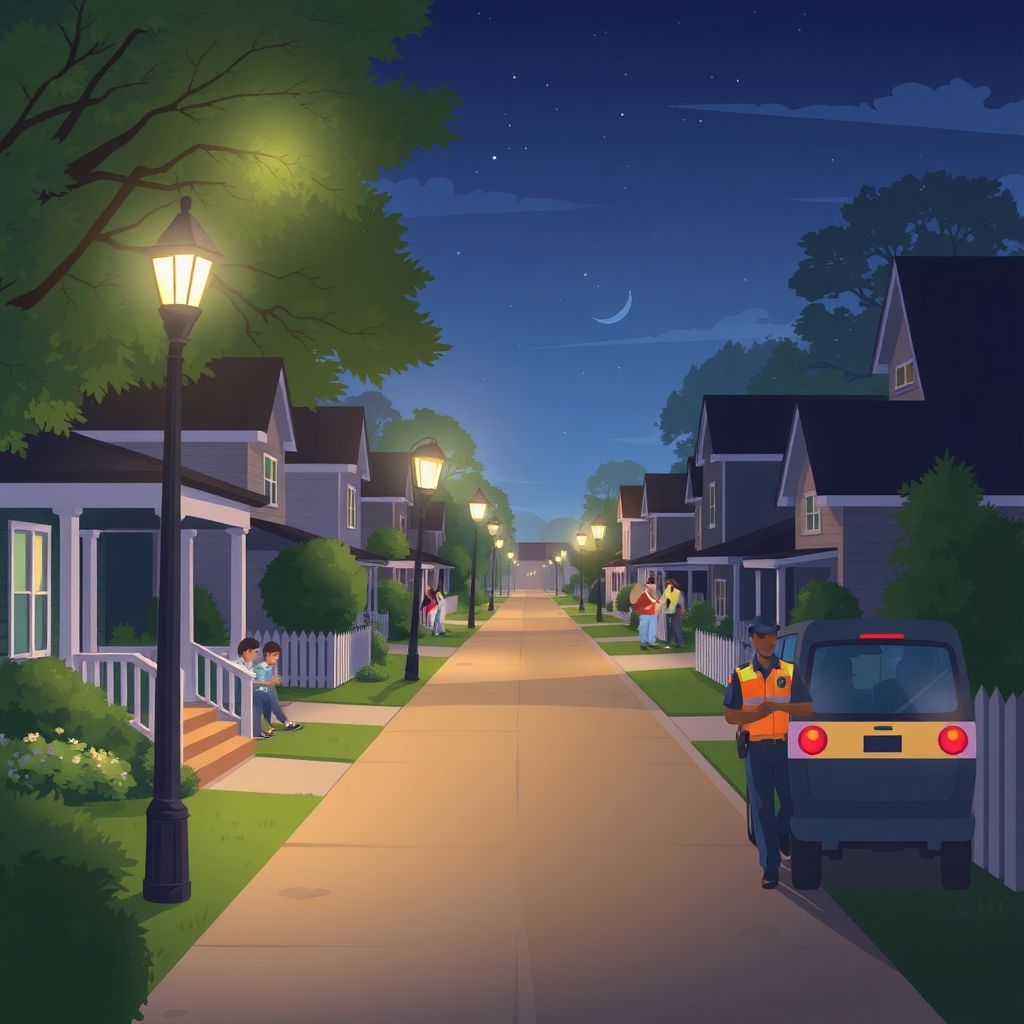 Illustrate a well-lit neighborhood street at night, with friendly neighbors chatting on their porches and a community watch patrol making their rounds. The image should convey a sense of security and peace of mind.