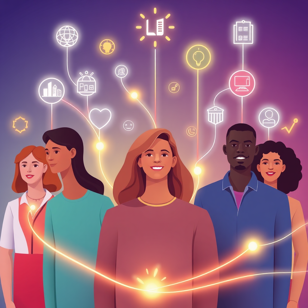 Illustrate diverse individuals connected by glowing lines, each line representing a benefit of the alliance. The individuals should be surrounded by symbols representing networking, resources, and opportunities. Use a vibrant color palette to convey the excitement and energy of the alliance. Render in 4K resolution.