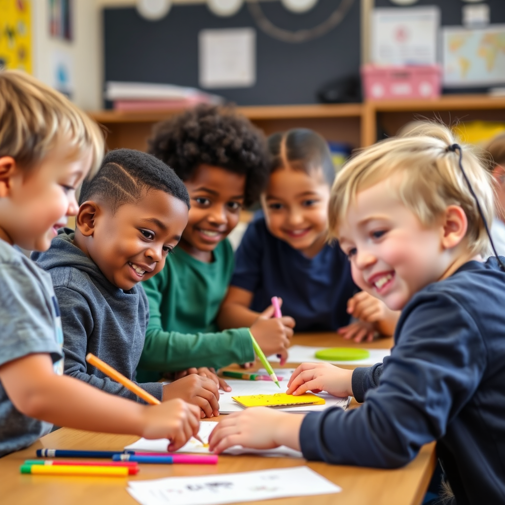 Image of children engaged in a fun and educational after-school program, with activities like arts and crafts, sports, and tutoring. The focus should be on positive development.