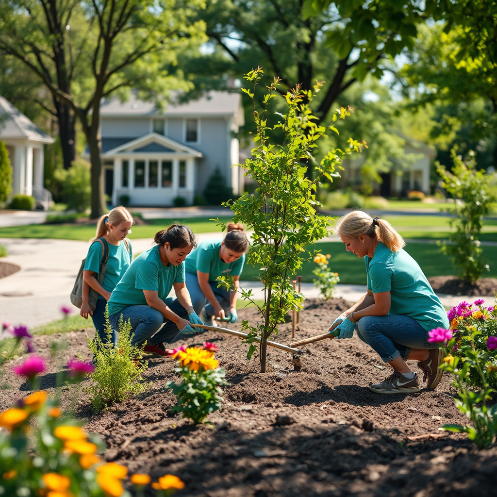 Imagine a group of volunteers planting trees and flowers in a neighborhood park. The park is clean, well-maintained, and welcoming. The lighting is bright and sunny, highlighting the beauty of the natural environment and the positive impact of the volunteers' work. Technical specs: 4k resolution, high quality.