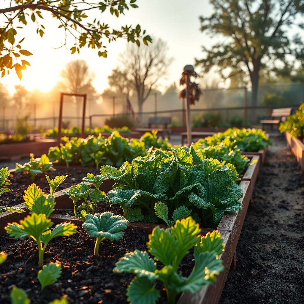 Imagine a serene, photorealistic image of a community garden at dawn. Dew-covered vegetables glisten in the soft morning light, while birds chirp in the background. Focus on the textures of the plants and the rich colors of the soil. The composition should evoke a sense of tranquility and renewal. Include elements like raised garden beds, winding pathways, and benches for relaxation. Style reference: Landscape photography with a focus on natural beauty. Technical specs: 4K, high quality.