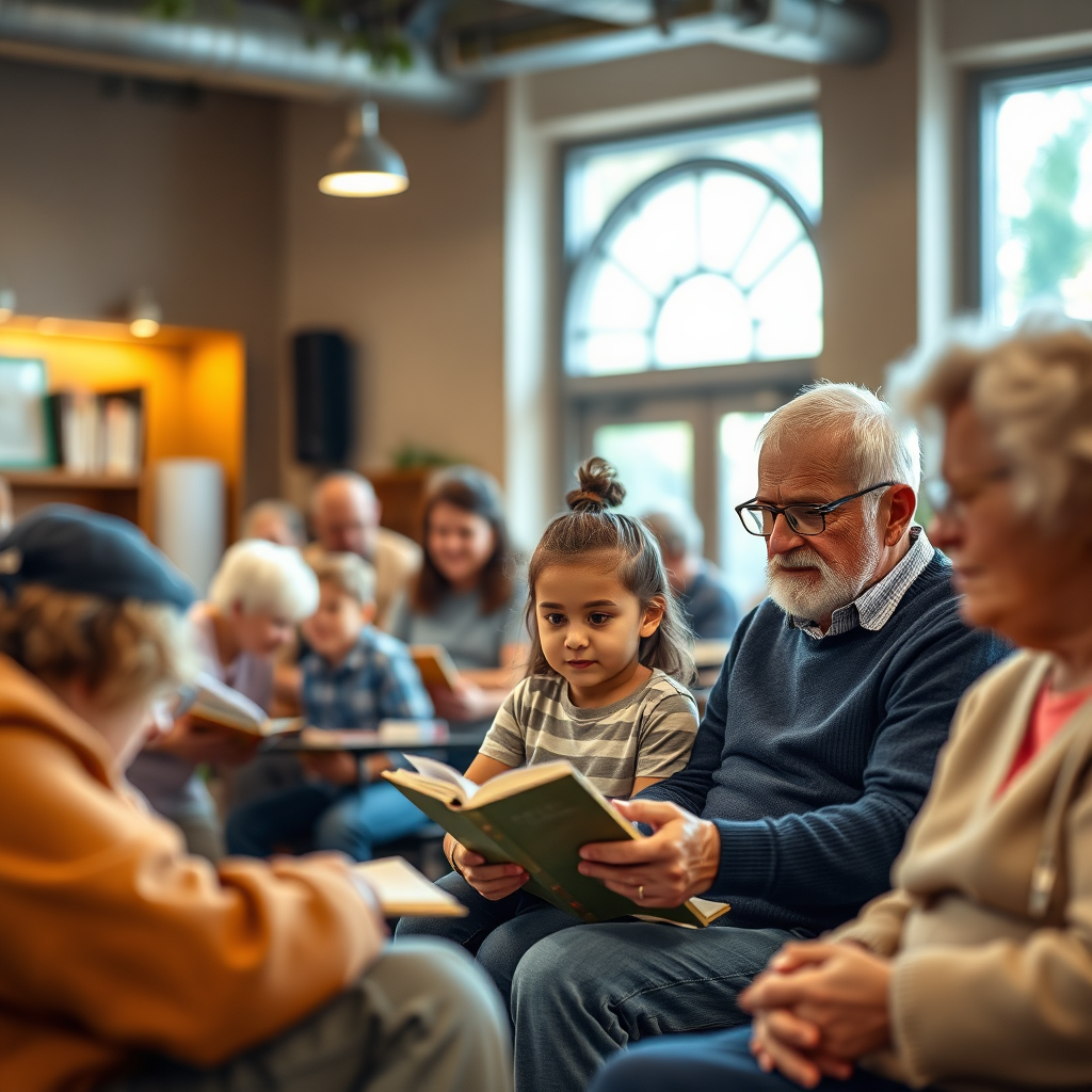 Imagine a warmly lit community center with diverse individuals participating in various learning activities. An adult literacy class, a children's coding workshop, and a senior's book club are all taking place simultaneously. The lighting is inviting and encouraging, highlighting the diverse faces and activities. Style reference: A documentary-style photograph with a focus on capturing the spirit of lifelong learning. Technical specs: 4K, high quality.