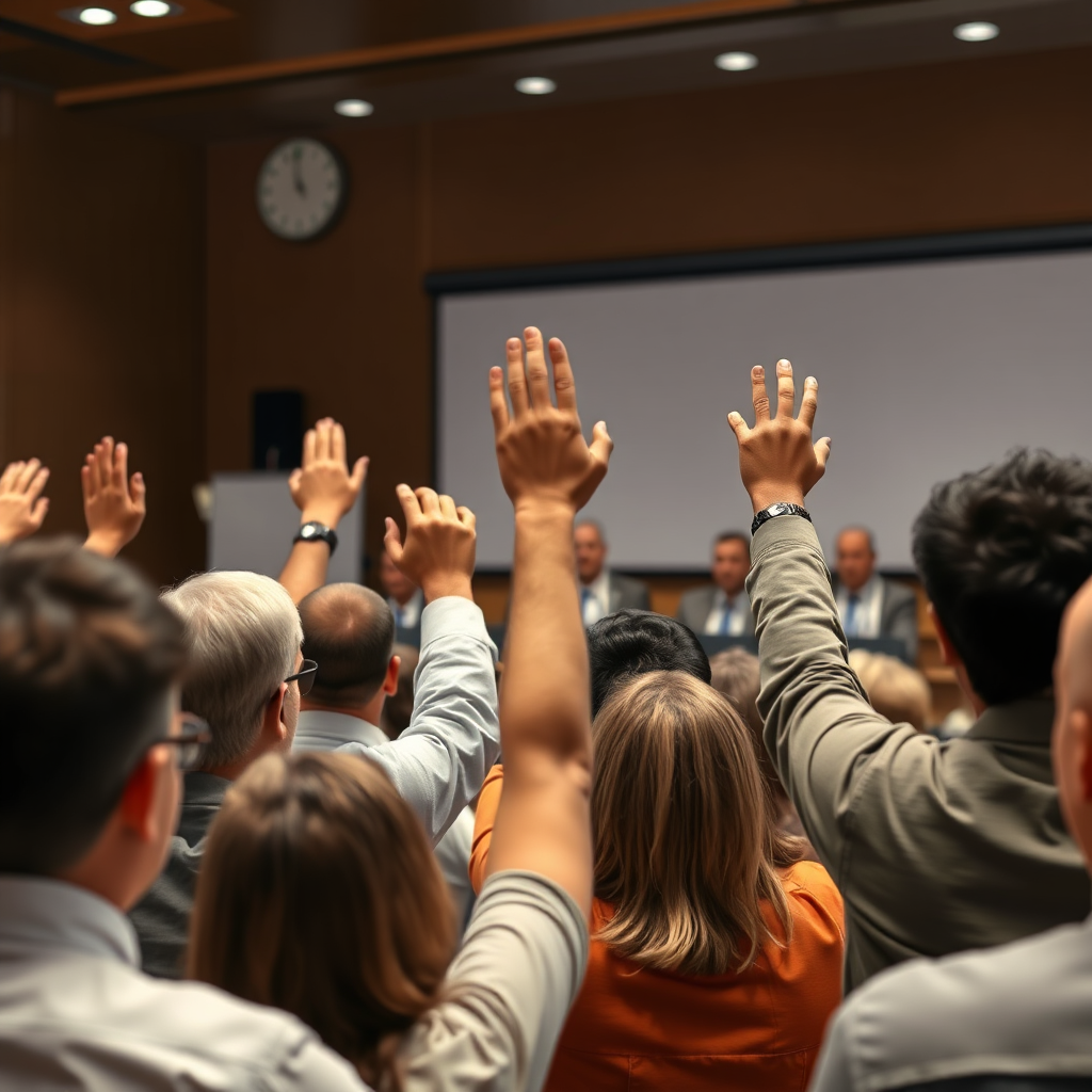 People participating in a community forum, raising their hands and sharing their opinions. A panel of representatives is listening attentively. The scene is serious but hopeful, highlighting the power of collective voice. Photorealistic style, 4k resolution.