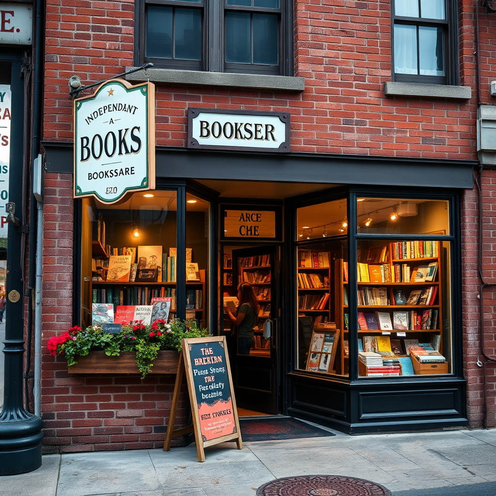 Photograph a quaint, independent bookstore nestled on a quiet street in Arlington. The exterior should be charming, with window boxes overflowing with flowers and a vintage sign. The lighting should be warm and inviting, highlighting the textures of the brick facade and the colorful books on display. Include subtle details like a welcoming doormat and a person browsing the window display. The camera angle should be slightly low to emphasize the bookstore's inviting presence. The color palette should be warm and inviting, with a focus on earthy tones and pops of color from the books. Render in 4K resolution with high-quality detail to capture the cozy atmosphere of the bookstore.