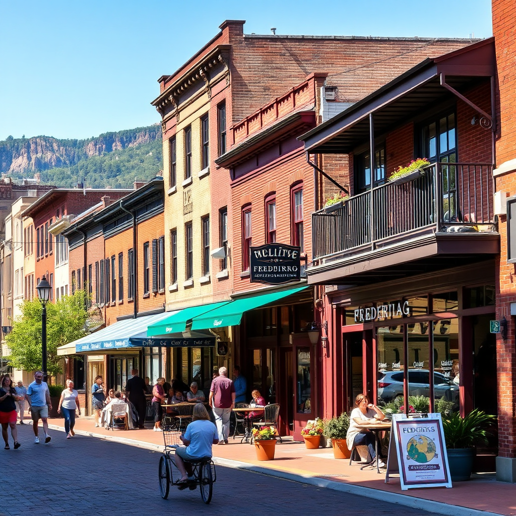 Photograph a street scene in downtown Frederick, Maryland, showcasing the historic architecture and vibrant atmosphere. Focus on the colorful storefronts and outdoor cafes, with people enjoying the day. In the background, hint at the presence of the nearby mountains. Use natural lighting to capture the details and textures of the buildings. The overall image should convey a sense of charm and community, highlighting Frederick's unique character.