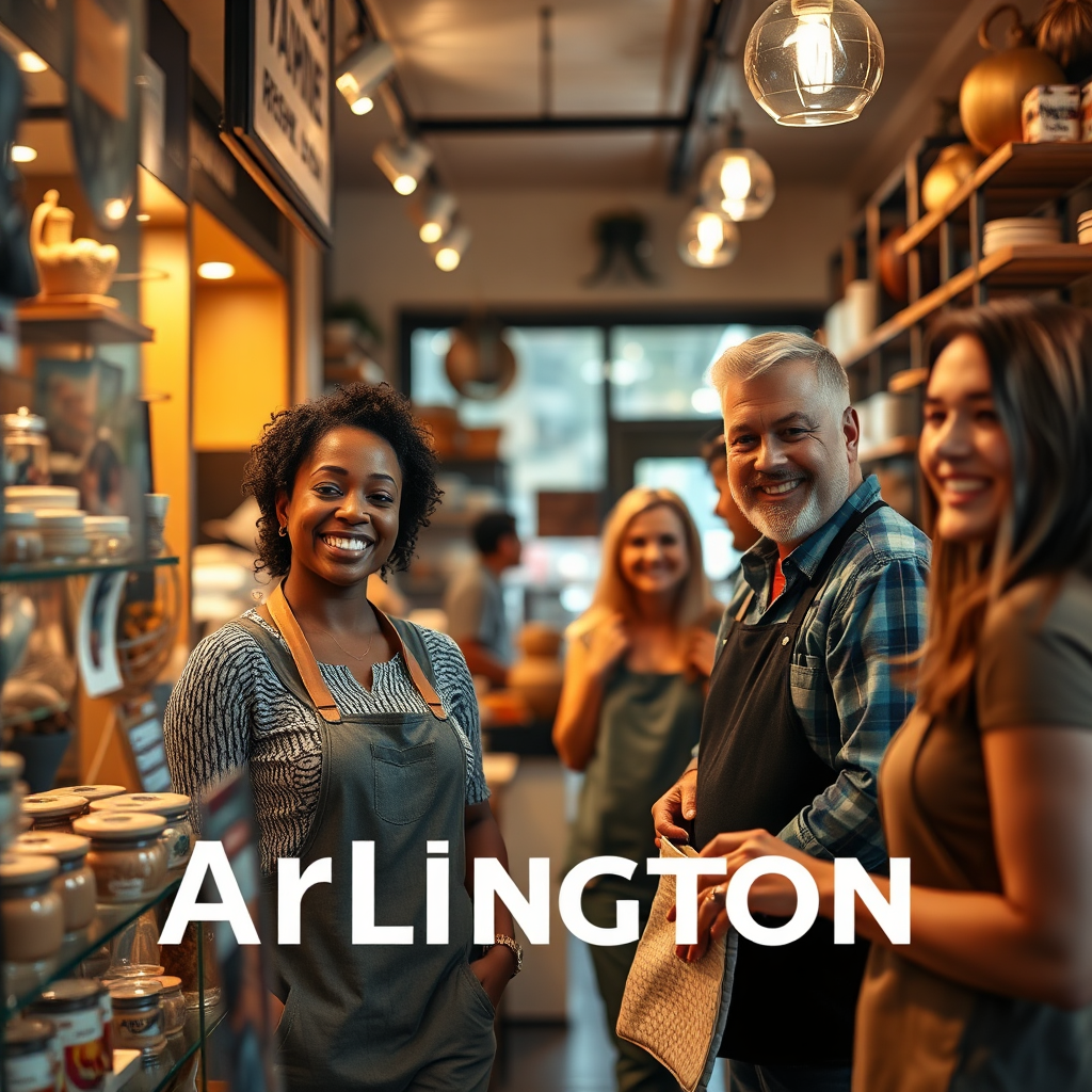 Photograph a thriving local business in Arlington, showcasing its unique products or services, the friendly staff, and the satisfied customers. The lighting should be warm and inviting, highlighting the textures of the products, the smiles of the staff, and the positive interactions with the customers. Include subtle details like a store sign, a window display, and people browsing the merchandise. The camera angle should be slightly low to emphasize the business's welcoming presence. The color palette should be warm and inviting, with a focus on earthy tones and the natural colors of the products. Render in 4K resolution with high-quality detail to capture the business's unique character and its contribution to the community.
