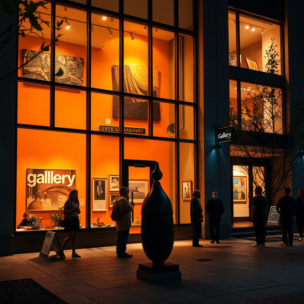Photograph the exterior of an Arlington art gallery at night, with its windows glowing with warm light. Focus on the artwork displayed in the windows, the modern architecture of the building, and the people entering and exiting the gallery. The lighting should be dramatic and inviting, highlighting the colors and textures of the artwork. Include subtle details like a gallery sign, a sculpture in the courtyard, and people admiring the art. The camera angle should be slightly low to emphasize the gallery's presence in the neighborhood. The color palette should be rich and vibrant, with a focus on the colors of the artwork. Render in 4K resolution with high-quality detail to capture the artistic atmosphere and cultural significance of the gallery.