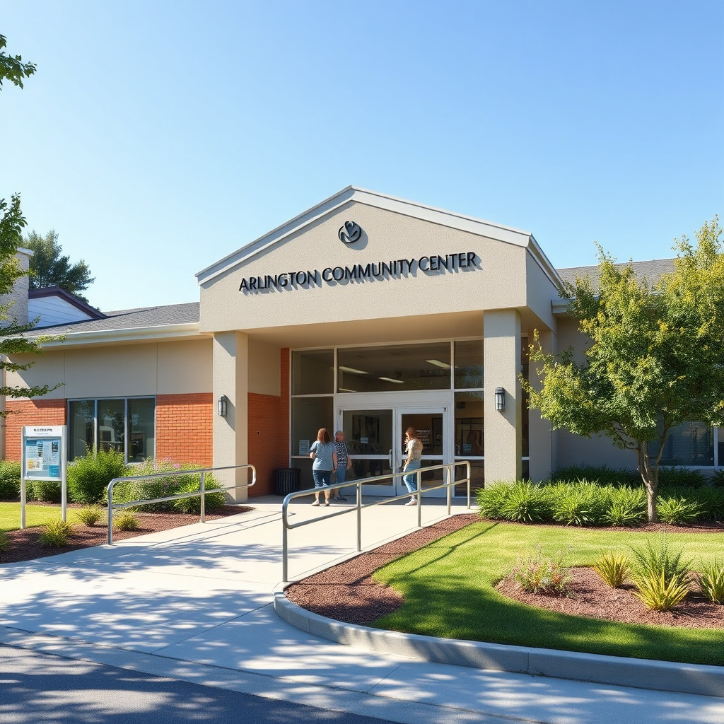 Photograph the exterior of the Arlington Community Center on a sunny day. The building should be welcoming and accessible, with a well-maintained facade and landscaping. The lighting should be bright and cheerful, highlighting the clean lines of the architecture and the greenery of the surrounding landscape. Include subtle details like a community bulletin board, a wheelchair ramp, and people entering the building. The camera angle should be slightly elevated to showcase the center's presence in the community. The color palette should be neutral and welcoming, with a focus on natural tones and accessible design. Render in 4K resolution with high-quality detail to capture the center's role as a vital community resource.