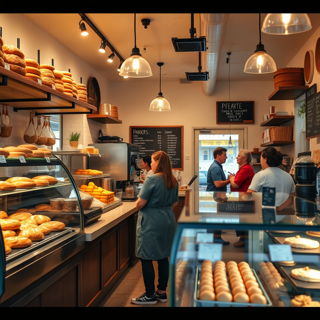 Photograph the interior of a bustling local bakery in Arlington. Focus on the display case filled with freshly baked goods, the friendly staff serving customers, and the warm, inviting atmosphere. The lighting should be warm and inviting, highlighting the textures of the bread, pastries, and wooden shelves. Include subtle details like a coffee machine, a chalkboard menu, and customers enjoying their treats. The camera angle should be slightly low to emphasize the bakery's welcoming presence. The color palette should be warm and inviting, with a focus on earthy tones and the golden hues of the baked goods. Render in 4K resolution with high-quality detail to capture the delicious aromas and the cozy atmosphere of the bakery.
