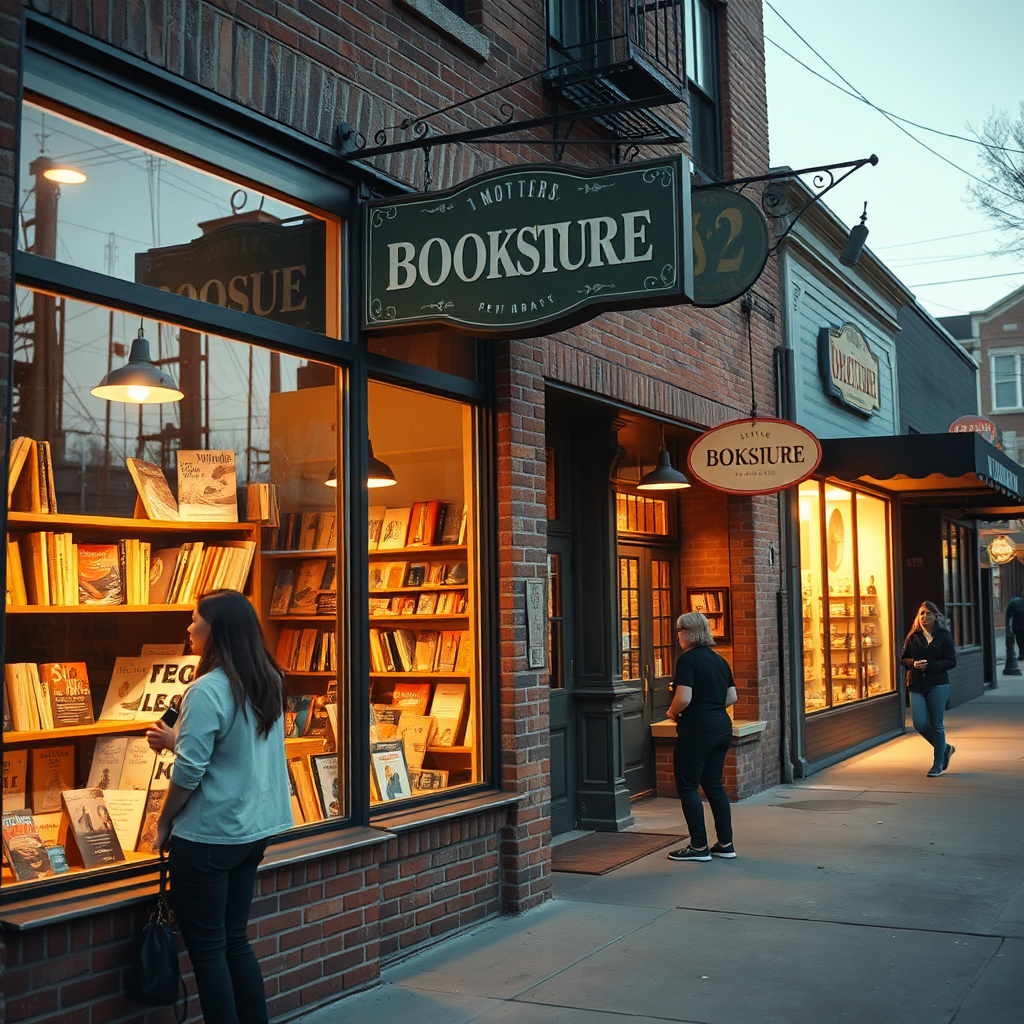Photorealistic image of a charming, independently-owned bookstore with inviting window displays. Soft, warm lighting spills out onto the sidewalk, illuminating the faces of passersby peering in. The bookstore is nestled amongst other small businesses in a revitalized neighborhood street. Focus on the details – the texture of the brick facade, the vintage signage, and the carefully curated book selections. Composition should evoke a sense of discovery and local charm. Style reference: A blend of vintage photography and modern realism. Technical specs: 4K, high quality.