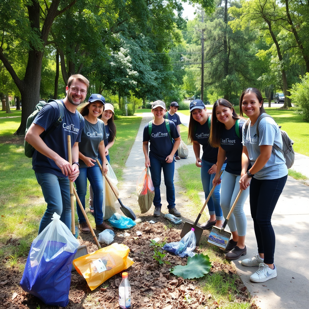 Show a group of volunteers cleaning up a neighborhood park, removing litter and beautifying the space. Focus on their teamwork and dedication, with smiling faces and a shared sense of purpose. The background should showcase the improved state of the park, with clean pathways and lush greenery. Use natural lighting to highlight the positive impact of their efforts. The overall feeling should be one of empowerment, responsibility, and community pride.