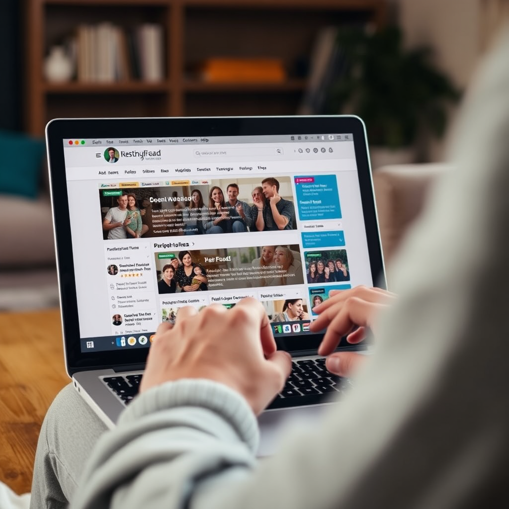 Show a person using a laptop or tablet, interacting with a neighborhood online forum. Focus on the screen, displaying a user-friendly interface with posts and discussions related to local events and issues. The background should be a cozy home environment, suggesting the ease and accessibility of the online platform. Use a warm color palette to create a sense of connection and convenience. The overall feeling should be one of information sharing, community engagement, and technological empowerment.