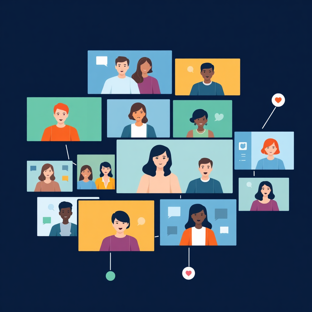 Stylized image representing digital connections. Overlapping screens showing diverse people interacting through video calls, online forums, and social media. Use a vibrant color palette to represent the energy of online communication. A clean, modern design aesthetic is preferable. 4K resolution.
