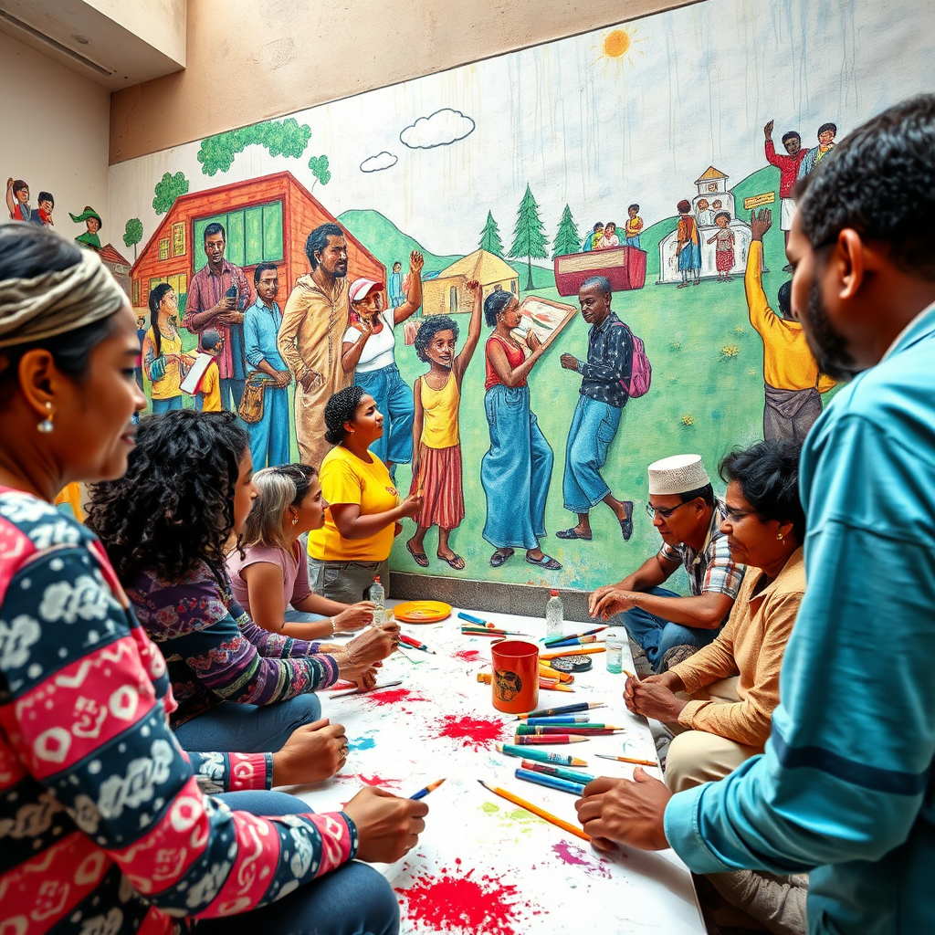 Visualize a diverse group of residents collaboratively painting a mural on a large wall. The mural depicts scenes of community life, showcasing different cultures, ages, and abilities. Use vibrant colors and dynamic brushstrokes. The lighting should be bright and cheerful, emphasizing the collaborative spirit. The style should be realistic, capturing the expressions and interactions of the participants. The overall feeling should be one of unity, creativity, and shared purpose. Camera angle: eye-level, medium shot.