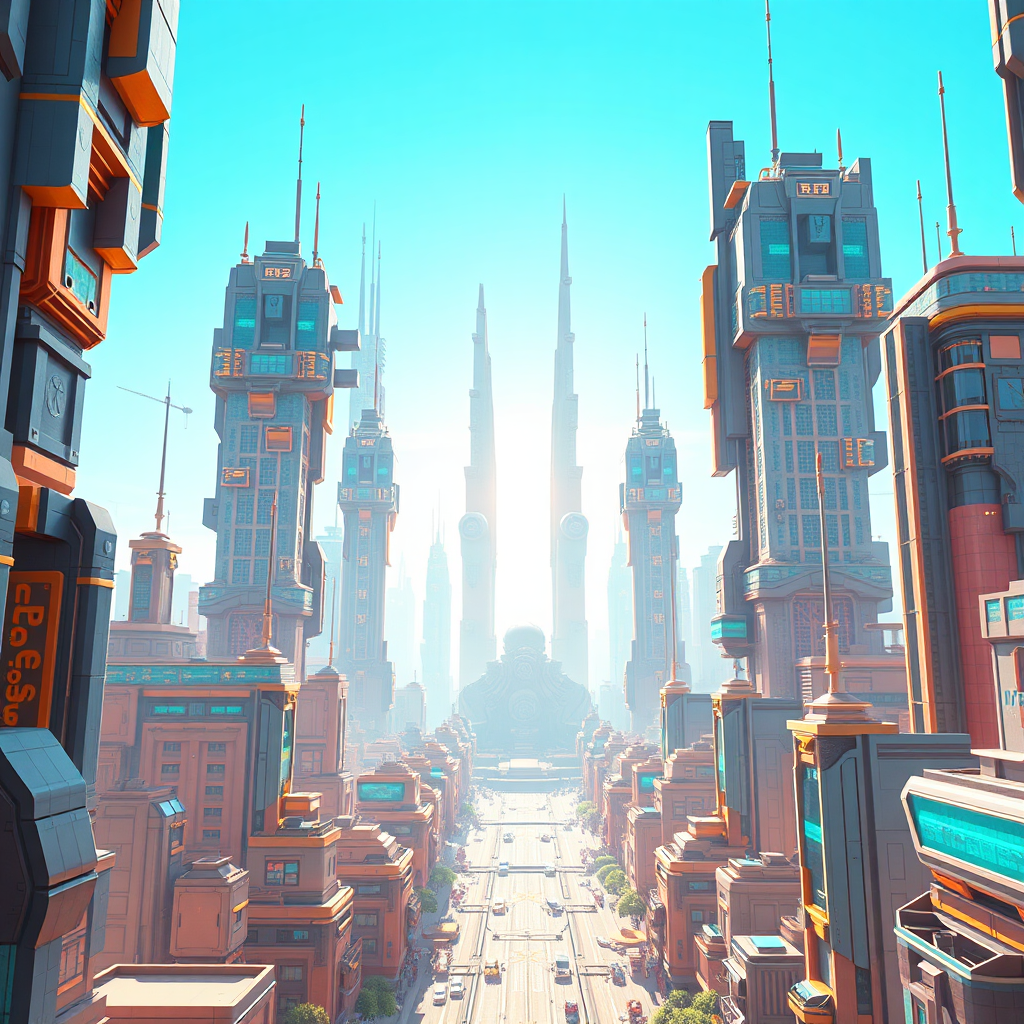 Visualize a futuristic cityscape with towering structures representing The Columbia Alliance and its expanding influence. Use a bright, optimistic color palette to signify growth and innovation. The image should convey a sense of progress and possibility. Render in 4K resolution.