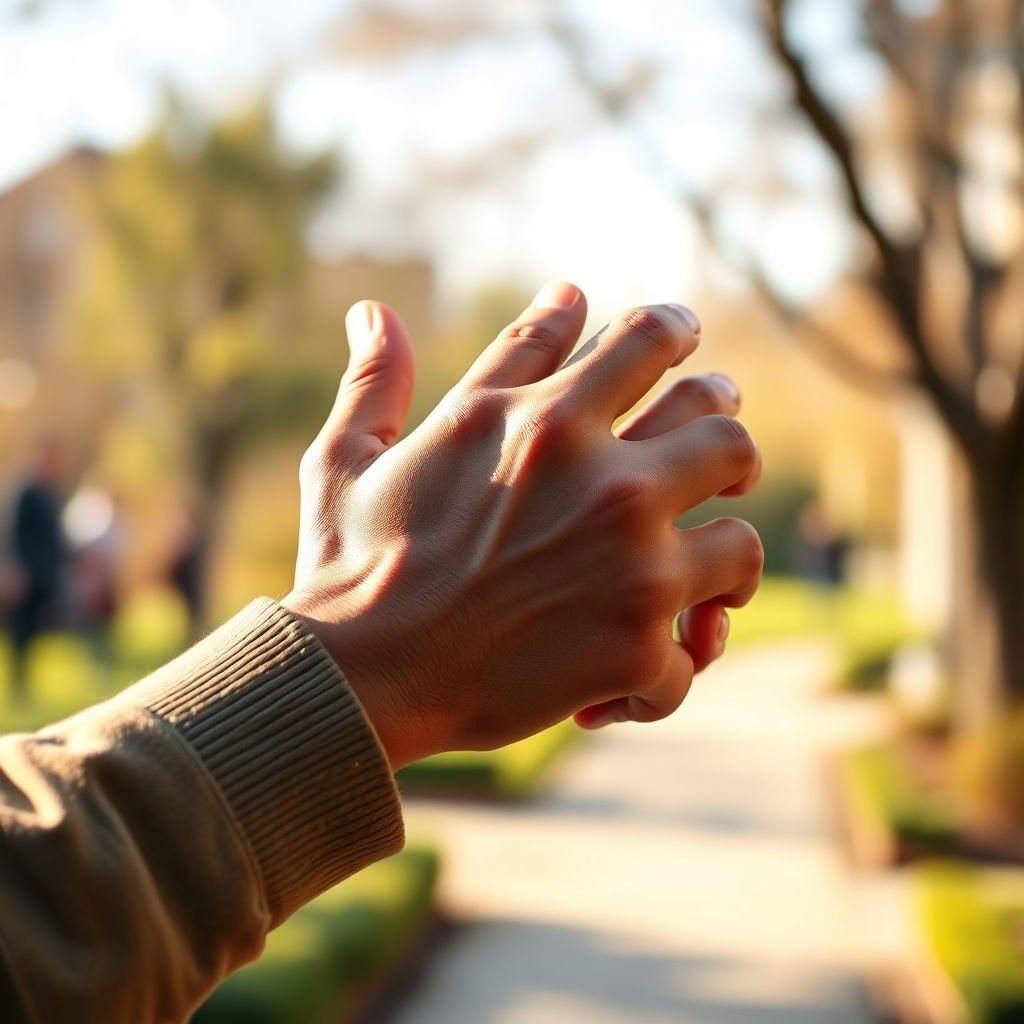 Visualize a hand reaching out to shake another hand, symbolizing partnership and collaboration. The background should be blurred, with subtle hints of community scenes, such as a park or a community center. The lighting should be warm and inviting, focusing on the hands. The style should be realistic, with attention to detail in the textures of the skin and clothing. The overall feeling should be one of trust, support, and shared commitment.