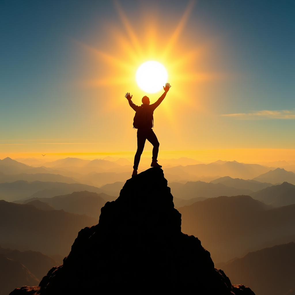 Visualize a person reaching the summit of a mountain, symbolizing the achievement of goals through the support of The Columbia Alliance. Use a triumphant color palette of golds and blues. The person should be silhouetted against a stunning sunset. Render in 4K resolution.