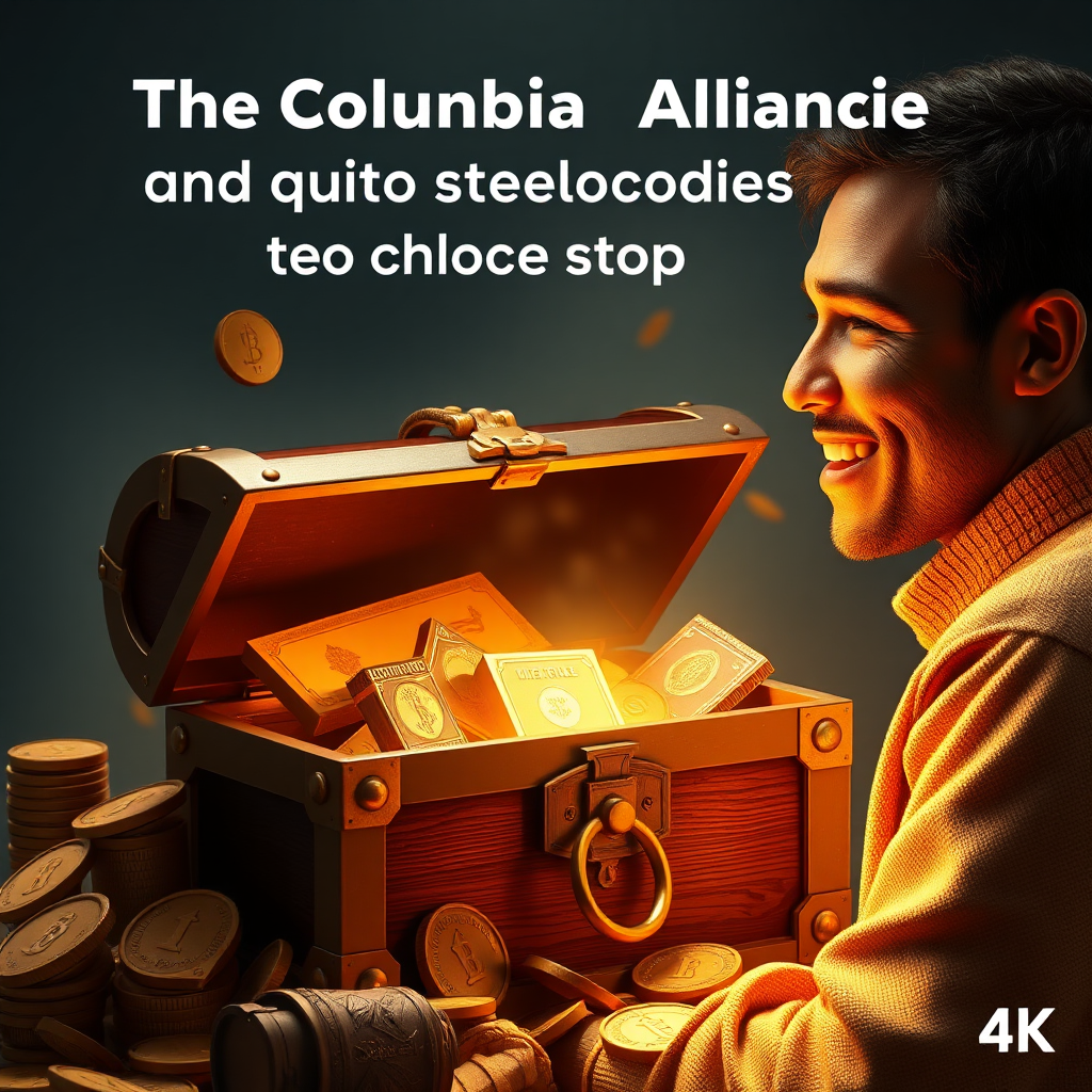 Visualize a person unlocking a treasure chest filled with valuable resources and opportunities provided by The Columbia Alliance. Use a warm, golden color palette to signify wealth and abundance. Highlight the person's expression of excitement and discovery. The image should evoke a sense of empowerment and achievement. Render in 4K resolution.