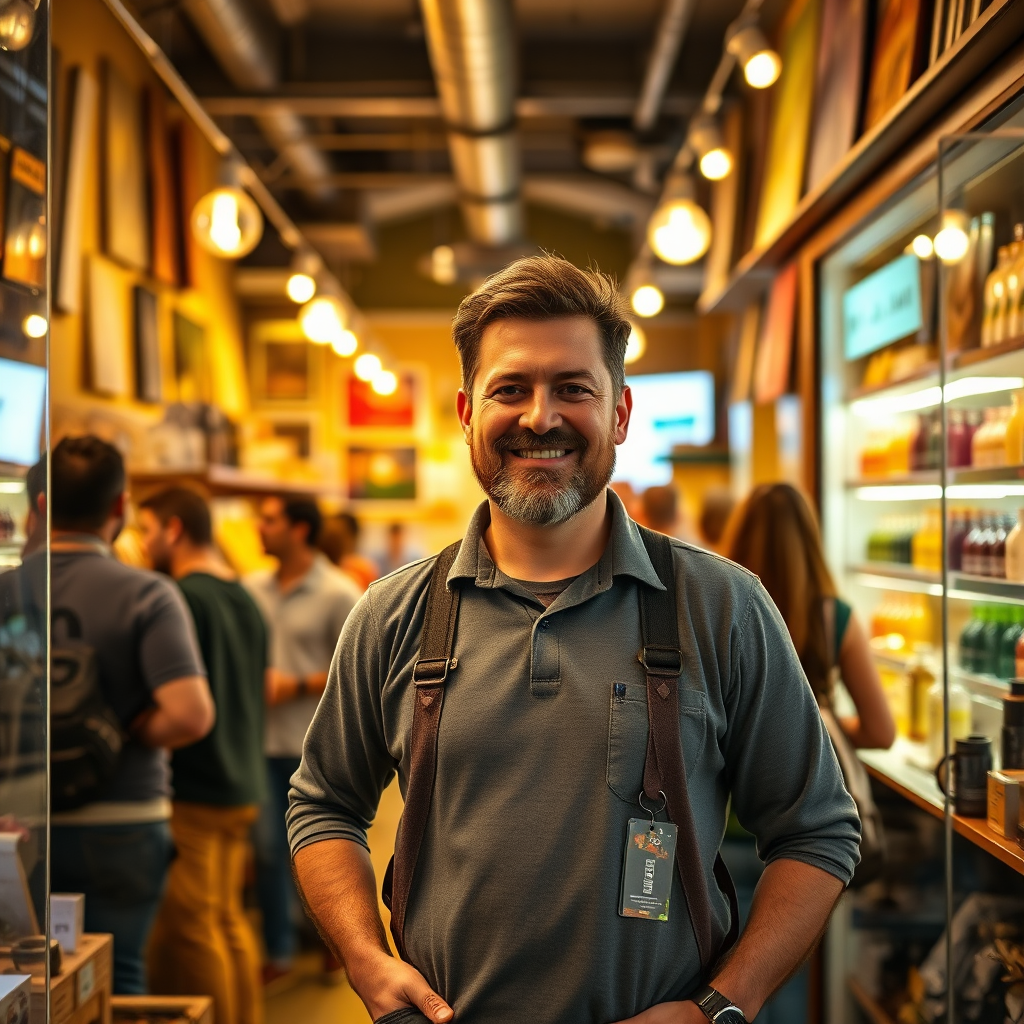 Visualize a thriving local business owner proudly standing in their shop in the neighborhood. The shop is full of customers. The lighting is vibrant and inviting, highlighting the high quality products or services. The style should focus on capturing the spirit of entrepreneurship. Technical specs: 4k resolution, high quality.